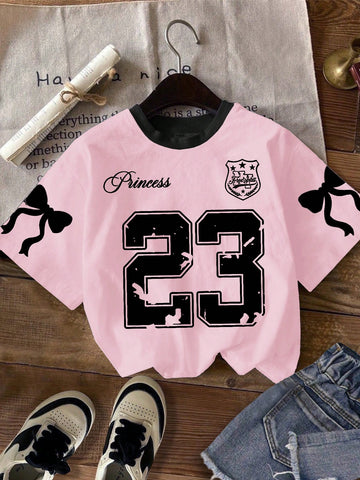 Vintage Letter & Number Badge Motif Mesh Knit Oversized T-Shirt