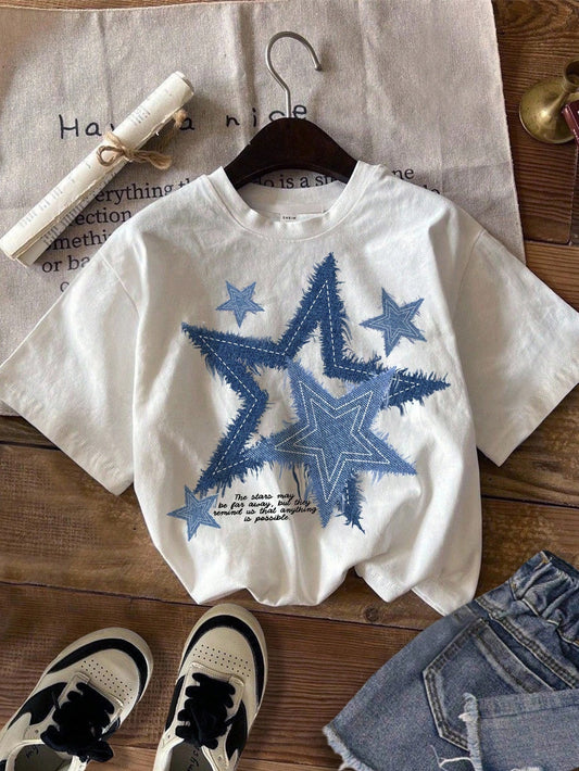 Vintage Letter & Number Badge Motif Mesh Knit Oversized T-Shirt
