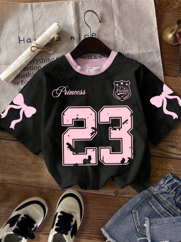 Vintage Letter & Number Badge Motif Mesh Knit Oversized T-Shirt