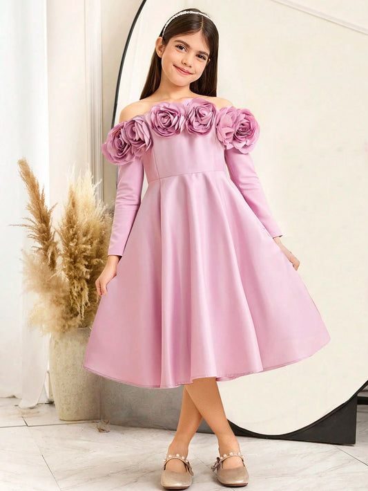 Tween Girls Elegant 3D Floral Decor Off Shoulder 3/4 Sleeve Party Dress
