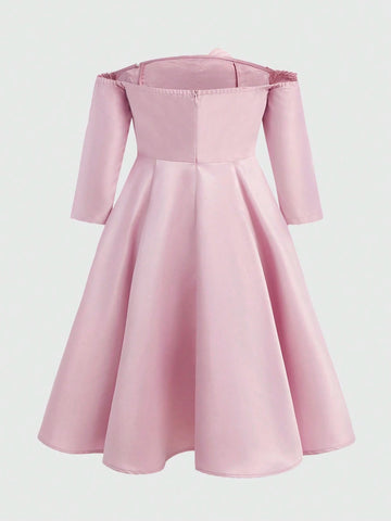 Tween Girls Elegant 3D Floral Decor Off Shoulder 3/4 Sleeve Party Dress