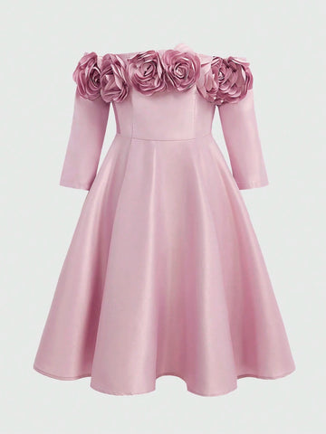 Tween Girls Elegant 3D Floral Decor Off Shoulder 3/4 Sleeve Party Dress