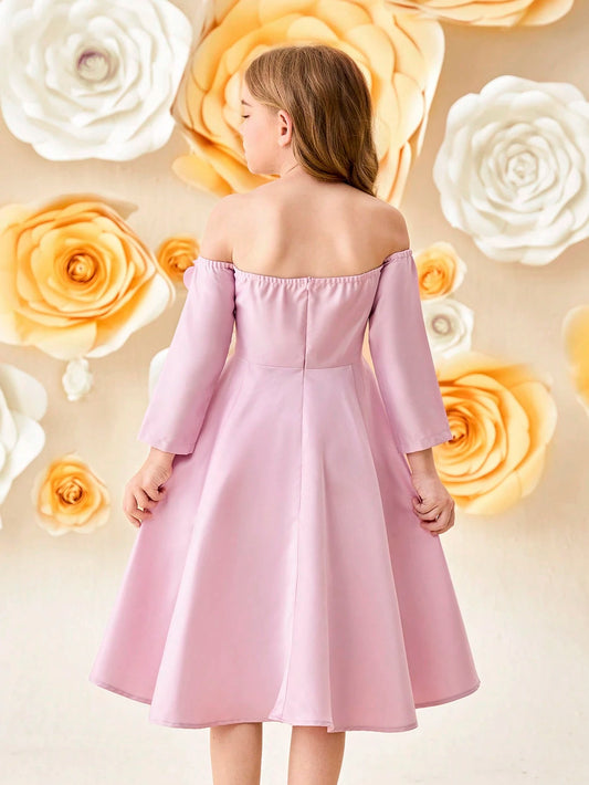 Tween Girls Elegant 3D Floral Decor Off Shoulder 3/4 Sleeve Party Dress
