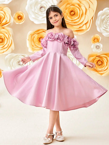 Tween Girls Elegant 3D Floral Decor Off Shoulder 3/4 Sleeve Party Dress