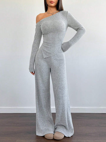 Women's Casual Asymmetrical Shoulder Fuzzy T-Shirt + Wide Leg Low Waist Pants