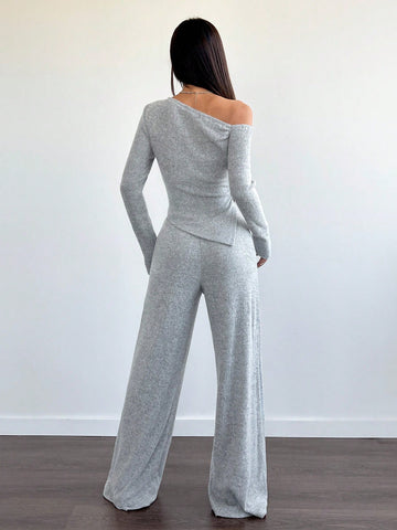Women's Casual Asymmetrical Shoulder Fuzzy T-Shirt + Wide Leg Low Waist Pants
