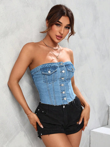 EZwear Women's Summer Flap Pocket Button Front Tube Denim Top