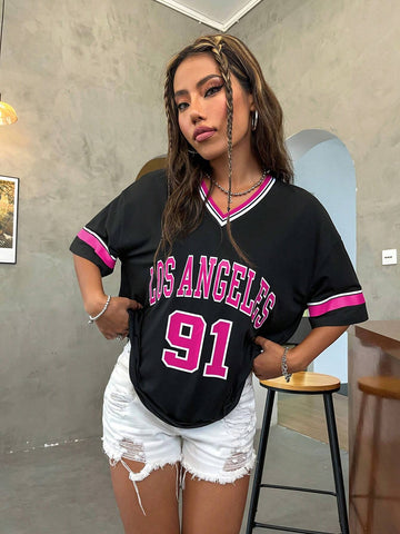 Unity Loose-Fit V-Neck Drop-Shoulder T-Shirt With Los Angeles Printed