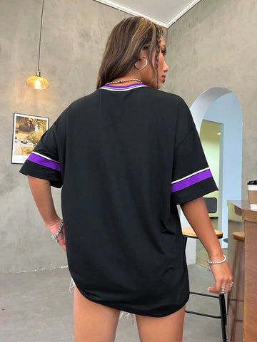 Unity Loose-Fit V-Neck Drop-Shoulder T-Shirt With Los Angeles Printed