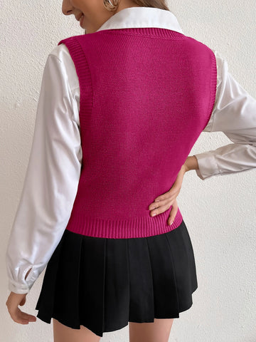 Women's Solid V-Neck Casual Comfortable Knitted Sweater Vest