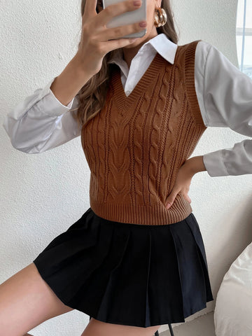 Women's Solid V-Neck Casual Comfortable Knitted Sweater Vest