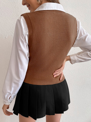 Women's Solid V-Neck Casual Comfortable Knitted Sweater Vest
