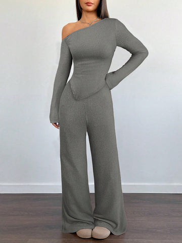 Women's Casual Asymmetrical Shoulder Fuzzy T-Shirt + Wide Leg Low Waist Pants