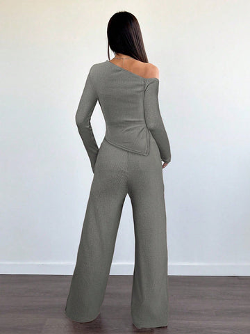 Women's Casual Asymmetrical Shoulder Fuzzy T-Shirt + Wide Leg Low Waist Pants