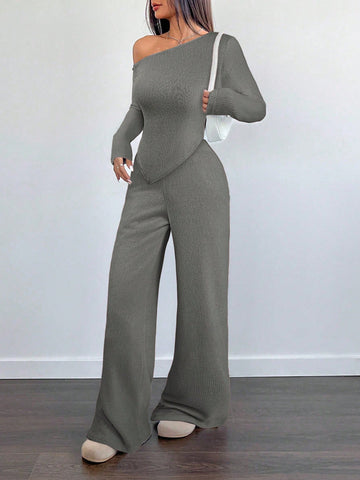 Women's Casual Asymmetrical Shoulder Fuzzy T-Shirt + Wide Leg Low Waist Pants