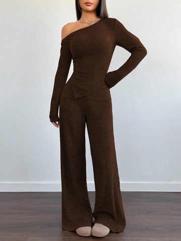 Women's Casual Asymmetrical Shoulder Fuzzy T-Shirt + Wide Leg Low Waist Pants
