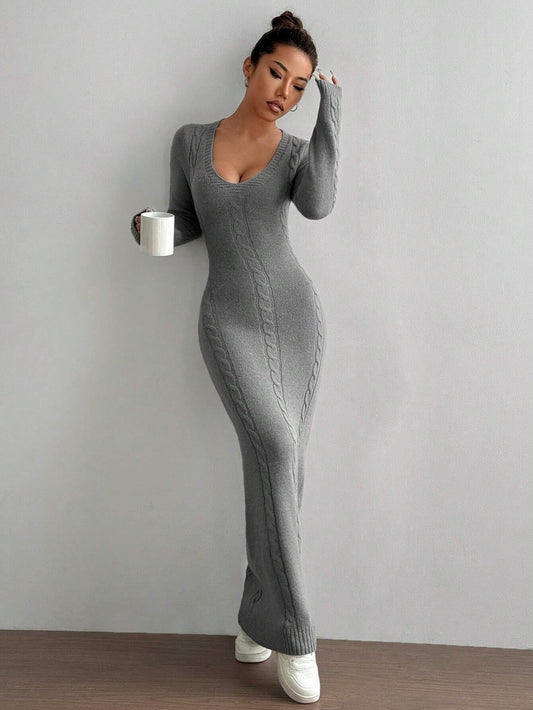 Unity Women's Solid Color Long Casual V-Neck Sweater Dress