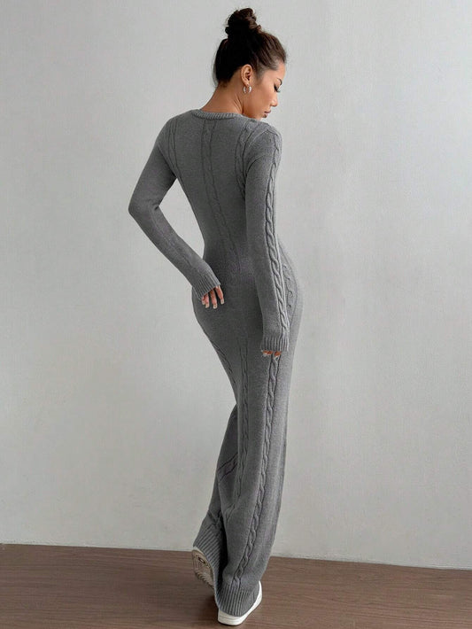Unity Women's Solid Color Long Casual V-Neck Sweater Dress