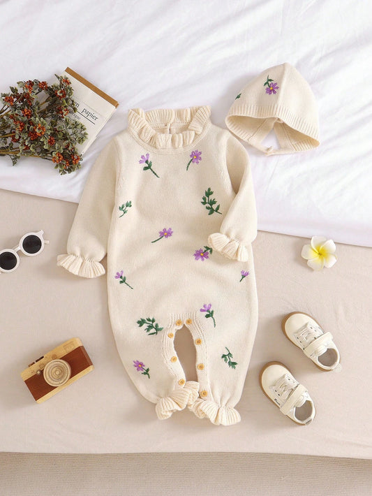 Floral Embroidered Sweater Romper + Hat, Fashionable & Adorable Baby Knit Romper