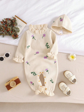 Floral Embroidered Sweater Romper + Hat, Fashionable & Adorable Baby Knit Romper