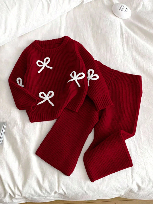 Baby Girl Fashion Versatile Cute Casual Bow Decor Sweater & Knit Pants