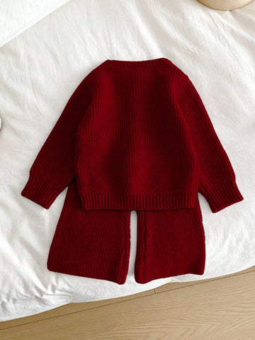 Baby Girl Fashion Versatile Cute Casual Bow Decor Sweater & Knit Pants