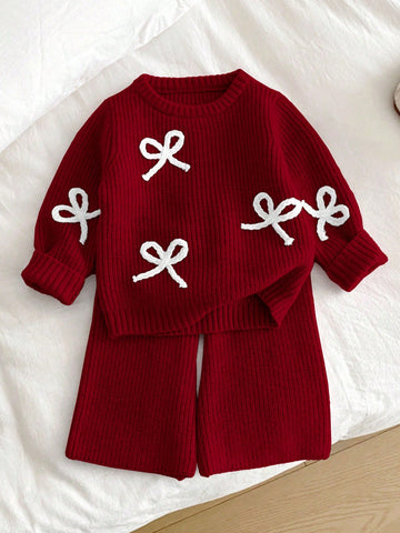 Baby Girl Fashion Versatile Cute Casual Bow Decor Sweater & Knit Pants