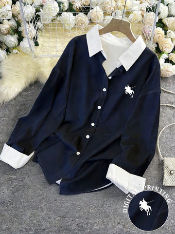 Minimalist Embroidered Decor Long Sleeve Loose Blouse