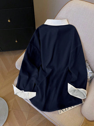 Minimalist Embroidered Decor Long Sleeve Loose Blouse