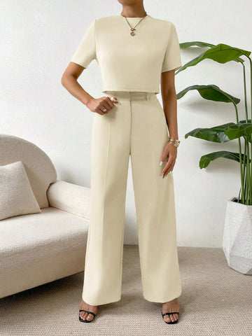 Essnce 2 Pieces Set Women Short Sleeve Round Neck Solid Color T-Shirt And Pants