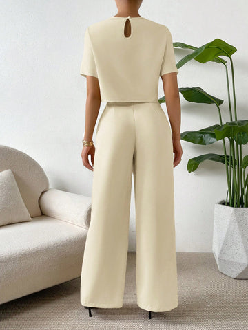 Essnce 2 Pieces Set Women Short Sleeve Round Neck Solid Color T-Shirt And Pants