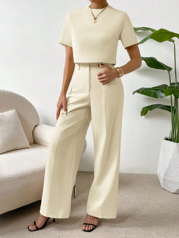 Essnce 2 Pieces Set Women Short Sleeve Round Neck Solid Color T-Shirt And Pants