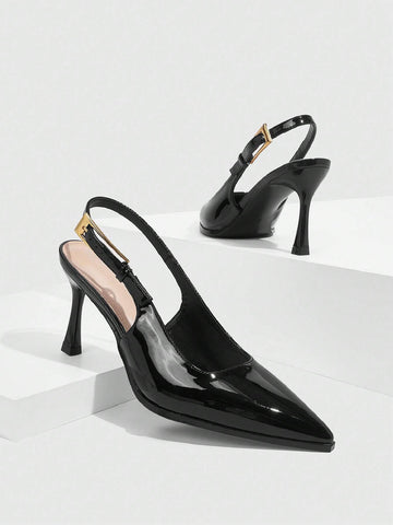Patent Leather Side Buckle Sexy Pointed Toe Hollow-Out High Heel