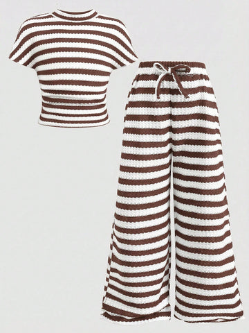 Textured Knit Side Ruched Mock Neck Snug Fit Top And Wide Leg Pant