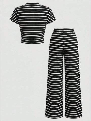 Textured Knit Side Ruched Mock Neck Snug Fit Top And Wide Leg Pant