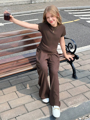 Textured Knit Side Ruched Mock Neck Snug Fit Top And Wide Leg Pant