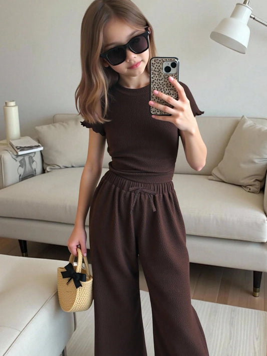 Textured Knit Side Ruched Mock Neck Snug Fit Top And Wide Leg Pant