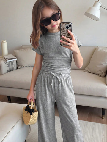 Textured Knit Side Ruched Mock Neck Snug Fit Top And Wide Leg Pant
