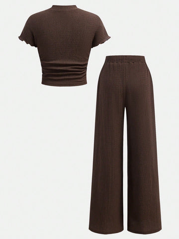 Textured Knit Side Ruched Mock Neck Snug Fit Top And Wide Leg Pant