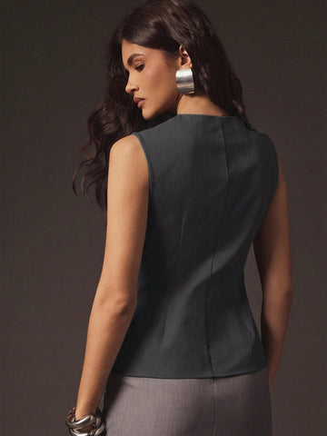 Sexy Front Zip Peplum Structured Tailored Sleeveless Top