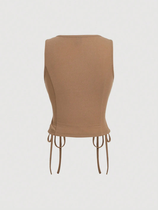 MOD Retro Vintage Clothes Crossed Frenulum Drawstring Side Crop Tank Top
