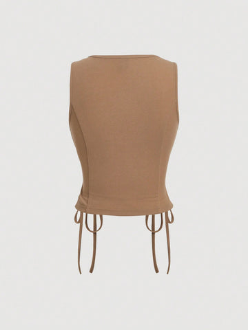 MOD Retro Vintage Clothes Crossed Frenulum Drawstring Side Crop Tank Top