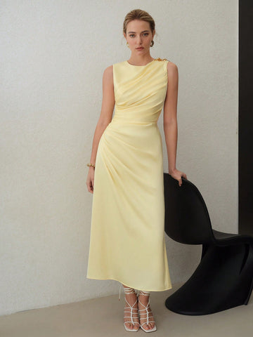 MOTF PREMIUM ELEGANT SOLID RUCHED WAIST SLIM FIT DRESS