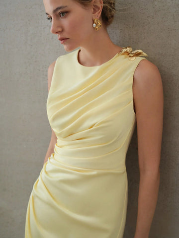 MOTF PREMIUM ELEGANT SOLID RUCHED WAIST SLIM FIT DRESS