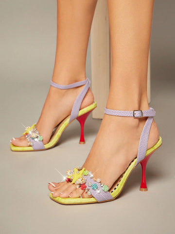 Ladies Kitten Heel Slingback Sandals With Fruit Ornamentations