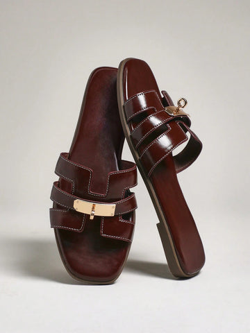 Women's Luxury Gold Lock Stitching Detail Square Toe Flat