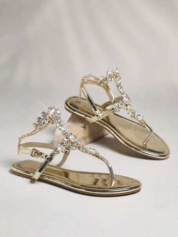SHUZIA Rhinestone Jewels T Strap With Chain Flat Sandals
