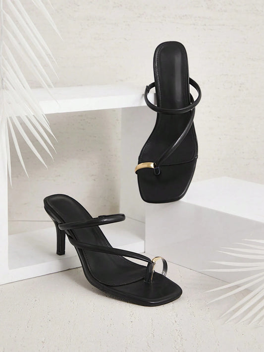 Open Toe Low Heel Black Pu Dress Shoes