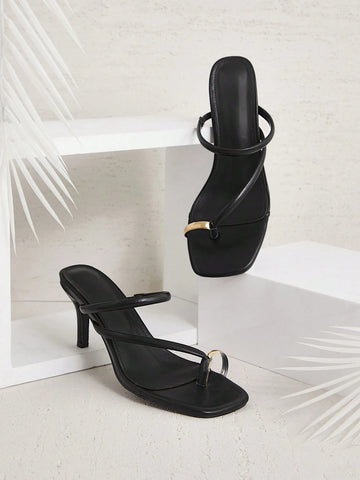 Open Toe Low Heel Black Pu Dress Shoes