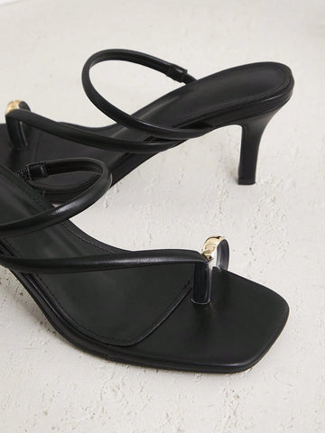 Open Toe Low Heel Black Pu Dress Shoes